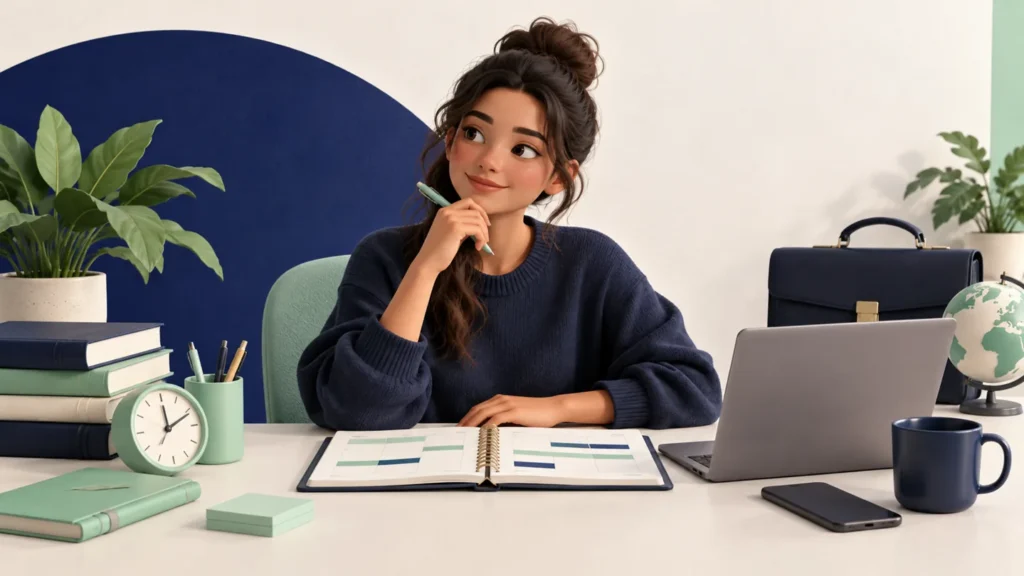 Una estudiante organiza sus estudios y prácticas con un calendario y una balanza.